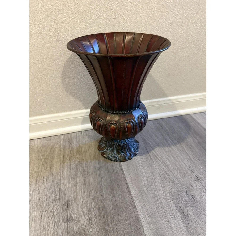 Flared Traditional Style Metal Urn Vase Metal Body Bronze Base 13” H* 9.5 W